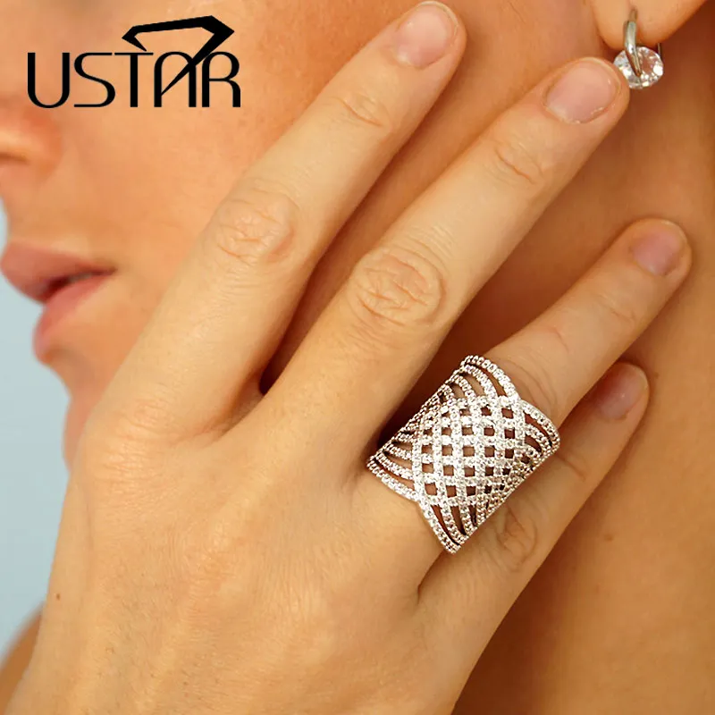 

USTAR Weave Wide Rings for women with Micro Paved Shiny Cubic Zirconia White Gold Color wedding rings female anel Jewelry