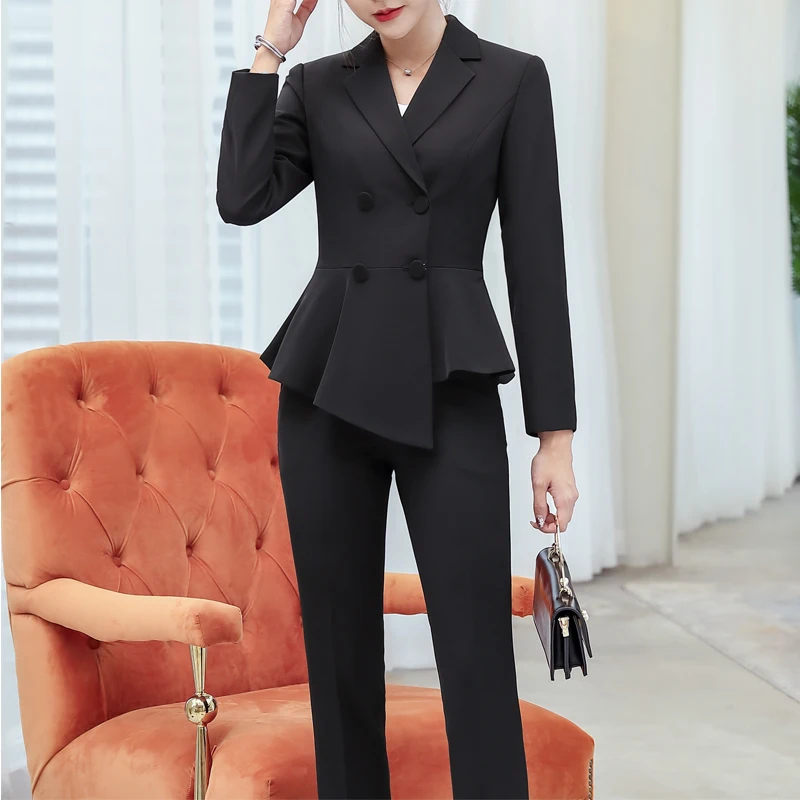 

Women's Office Lady Two Pieces Sets Solid Red Elegant Double Breasted Turn-down Collar Blazers And Full Length Trousers Plus 4XL