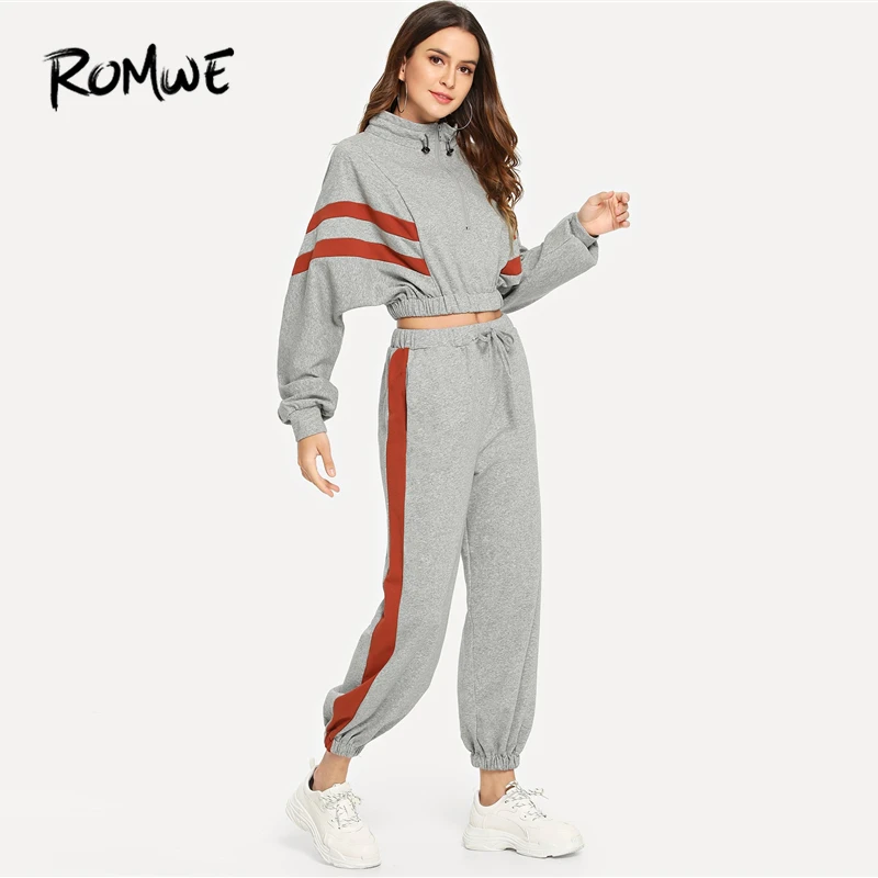 

ROMWE Contrast Panel Quarter Zip Sweatshirt With Drawstring Pants Spring Autumn Long Sleeve Tapered Carrot Stand Collar Set