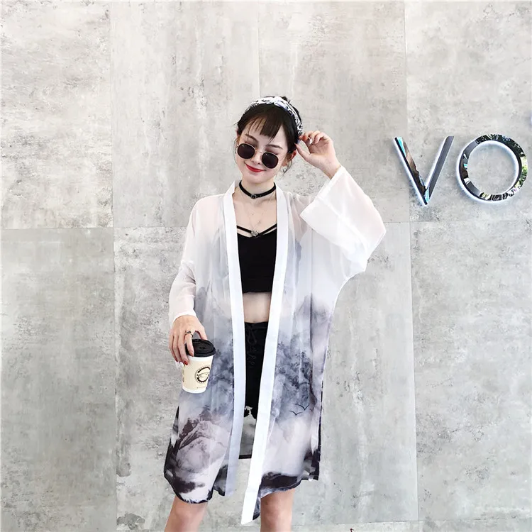 Landscape Print kimino Blouses Sunscreen Harajuku Summer women Tops and blouses plus size Chiffon Cardigans