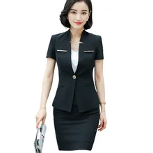 Новая Элегантная Женская юбка костюм деловая летняя официальная Мода v-образный вырез Тонкий Блейзер и юбка Офисная женская одежда больших размеров