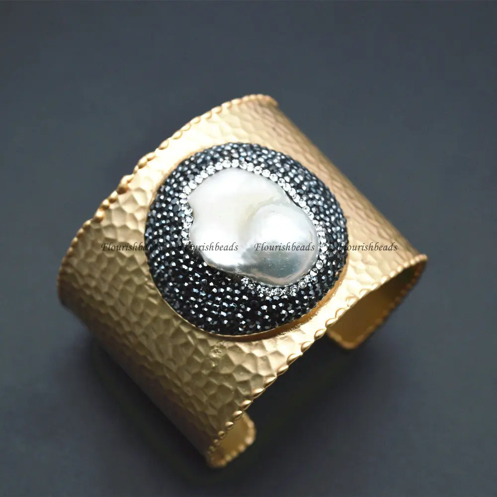 Gold Color Fashion Woman Cuff Bangle Lady Style Paved Crystal and Baroque Pearl Beads on Surface Party Bracelet | Украшения и