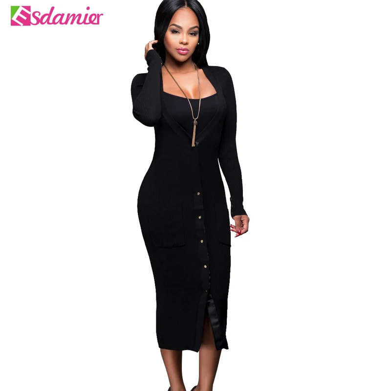 

New Arrival Autumn Knitted Midi Dress Female Elegant Button Up Long Dress Women Sexy V Neck Bodycon Dress Ladies Wrap Dresses