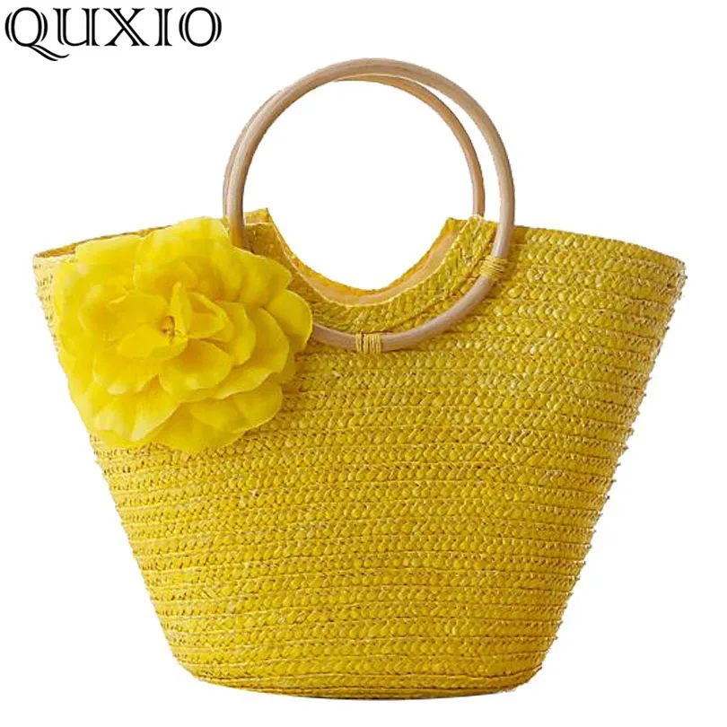 Rattan Handle Woven Bag Flowers Straw Bag for Women Leisure Vacation Tote Beach ladies handbag straw woven bag