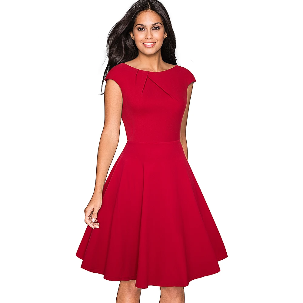 Women Elegant Summer Solid Color Ruched Cap Sleeve Casual Wear To Work Office Party Fitted Skater A-Line Swing Dress EA067