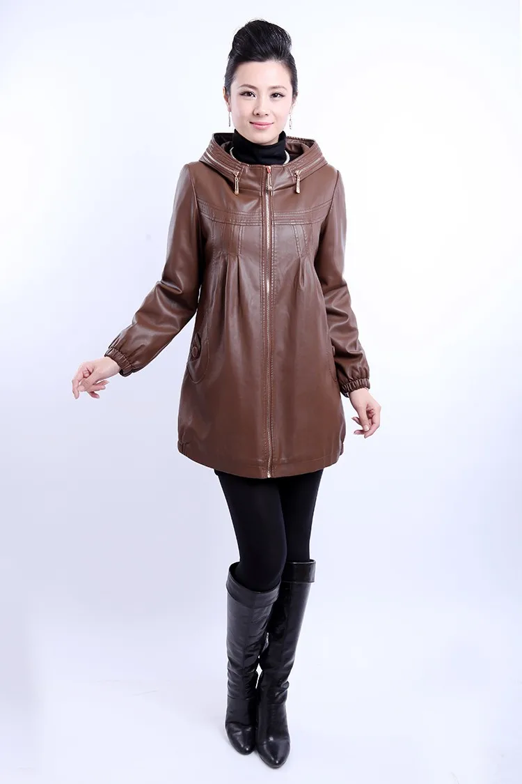 Большой размер 5XL Длинная кожаная куртка для женщин зима и осень кожаная одежда с капюшоном для женщин зимнее кожаное пальто черного цвета