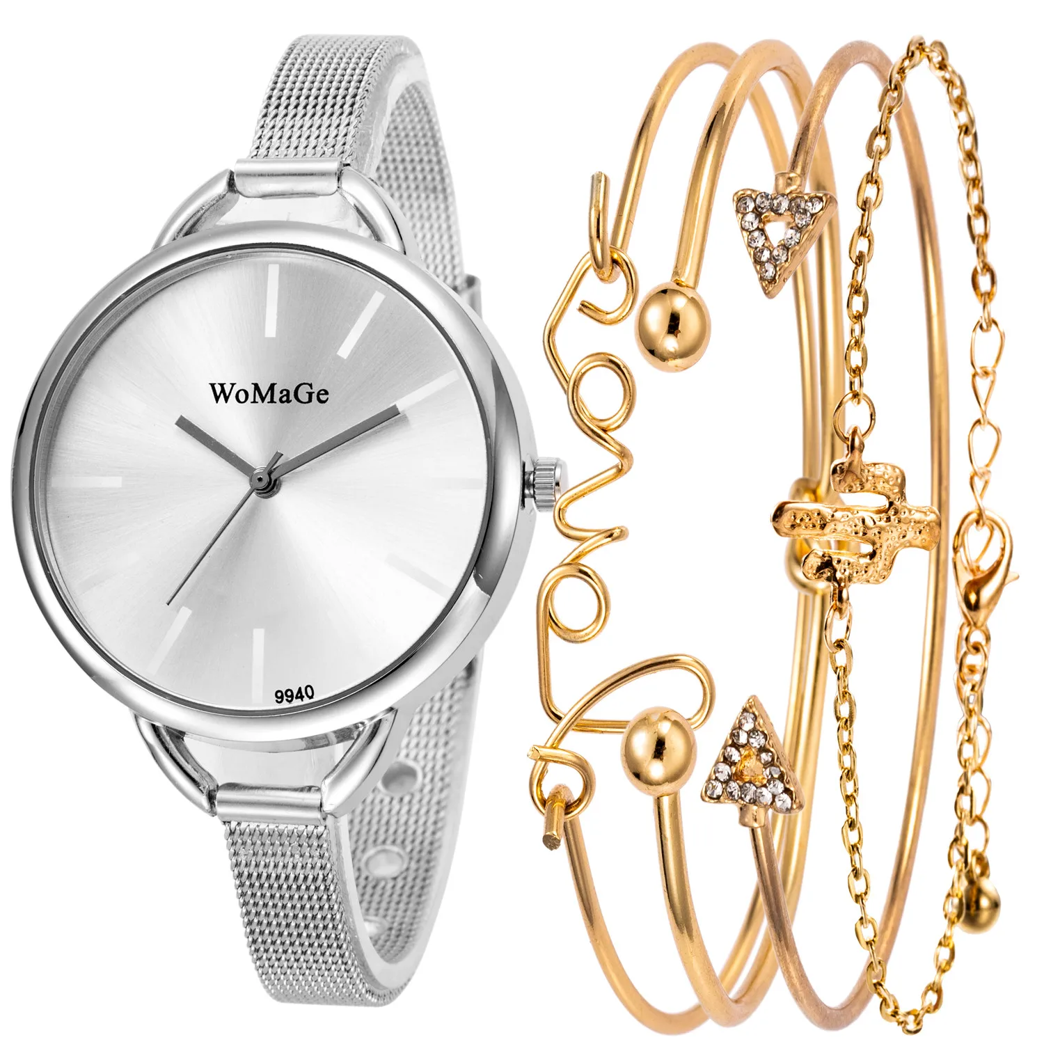 

5pcs New Gold Women Watches Mesh Band Watch Women Casual Ladies Watch Quartz Women Clock Fashion Watches Relogio Feminino Saati