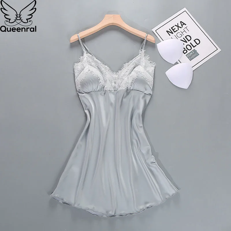

Women's Sleep Lounge Nightgowns Sleepwear Silk Satin Sleepshirts Nightie Summer Nightdress With Chest Pad Sleeveless Night Gown