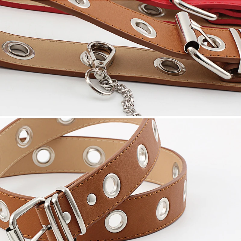 Women Punk metal chain PU leather Fashion Belt Adjustable Single Eyelet Grommet Leather Buckle Belt Multicolor selection