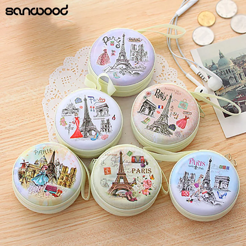 Portable Lovely Round Wallet Cartoon Eiffel Tower Earphone Key Holder Case Bag