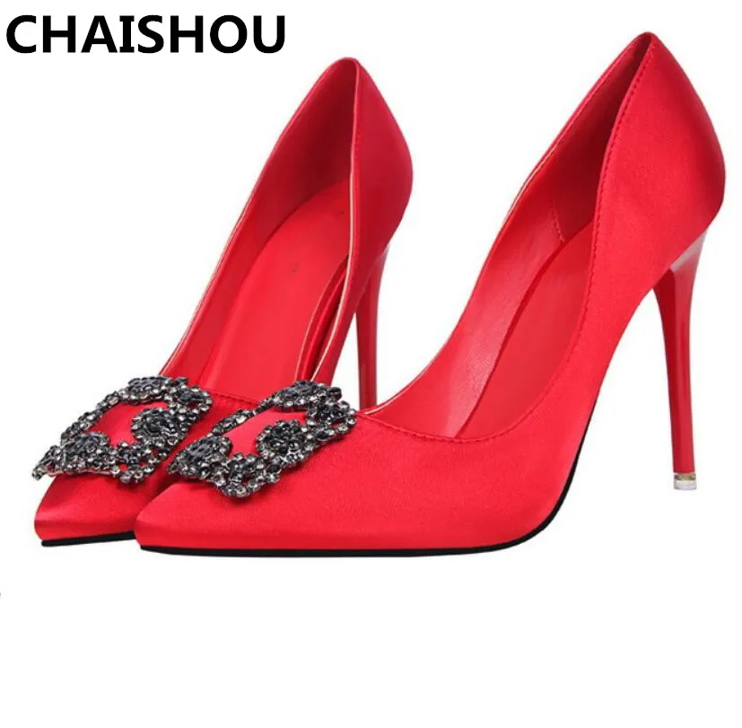 CHAISHOU Women 10cm Thin High Heels Fashion Pumps Pointed Green Rhinestone Silk Footwear Scarpins Shoes F-171