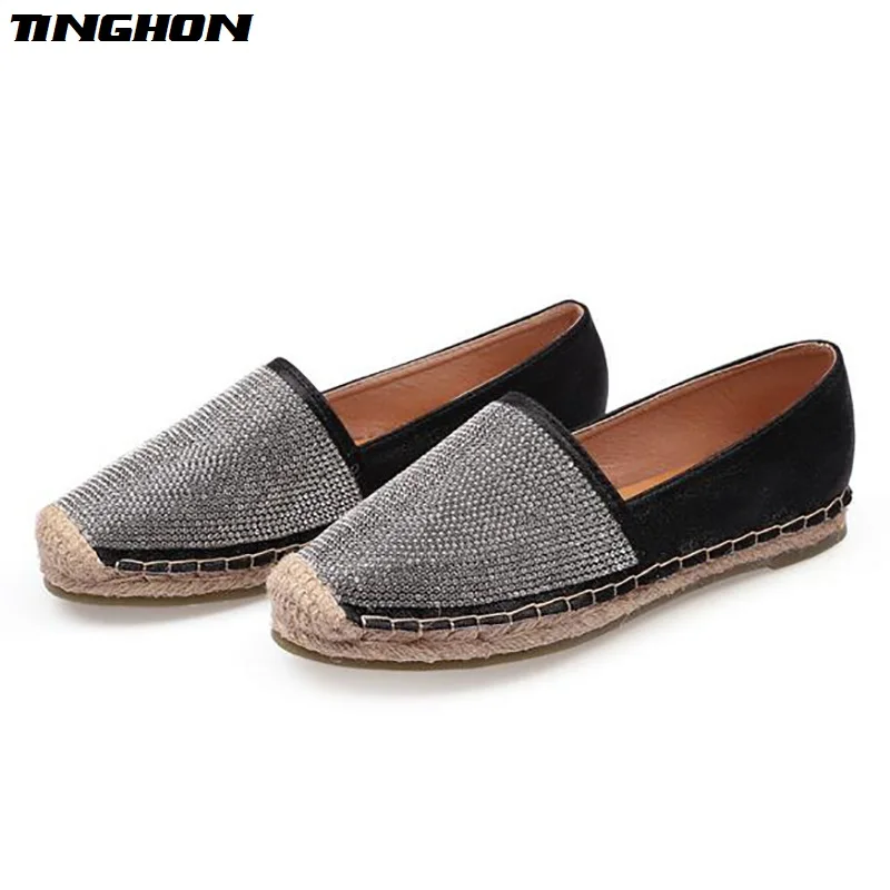 

Fashion Ethnic Casual Espadrilles Rhinestone Crytal Flat New Women Spring Printed Embroider Slip on Fishermen Hemp Rope Shoe