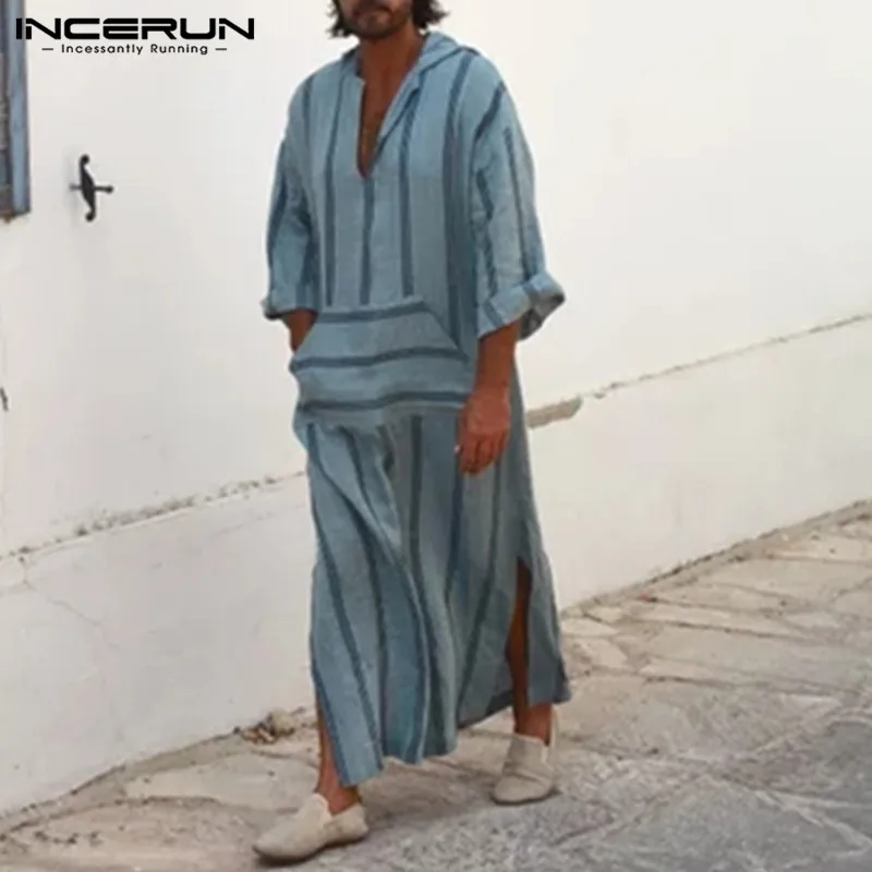 

Arab Style Casual Men Long Shirts Dress Loose Striped Print Long Sleeve Deep V-Neck Shirt Big Pockets 5XL Gown Beach Vacation