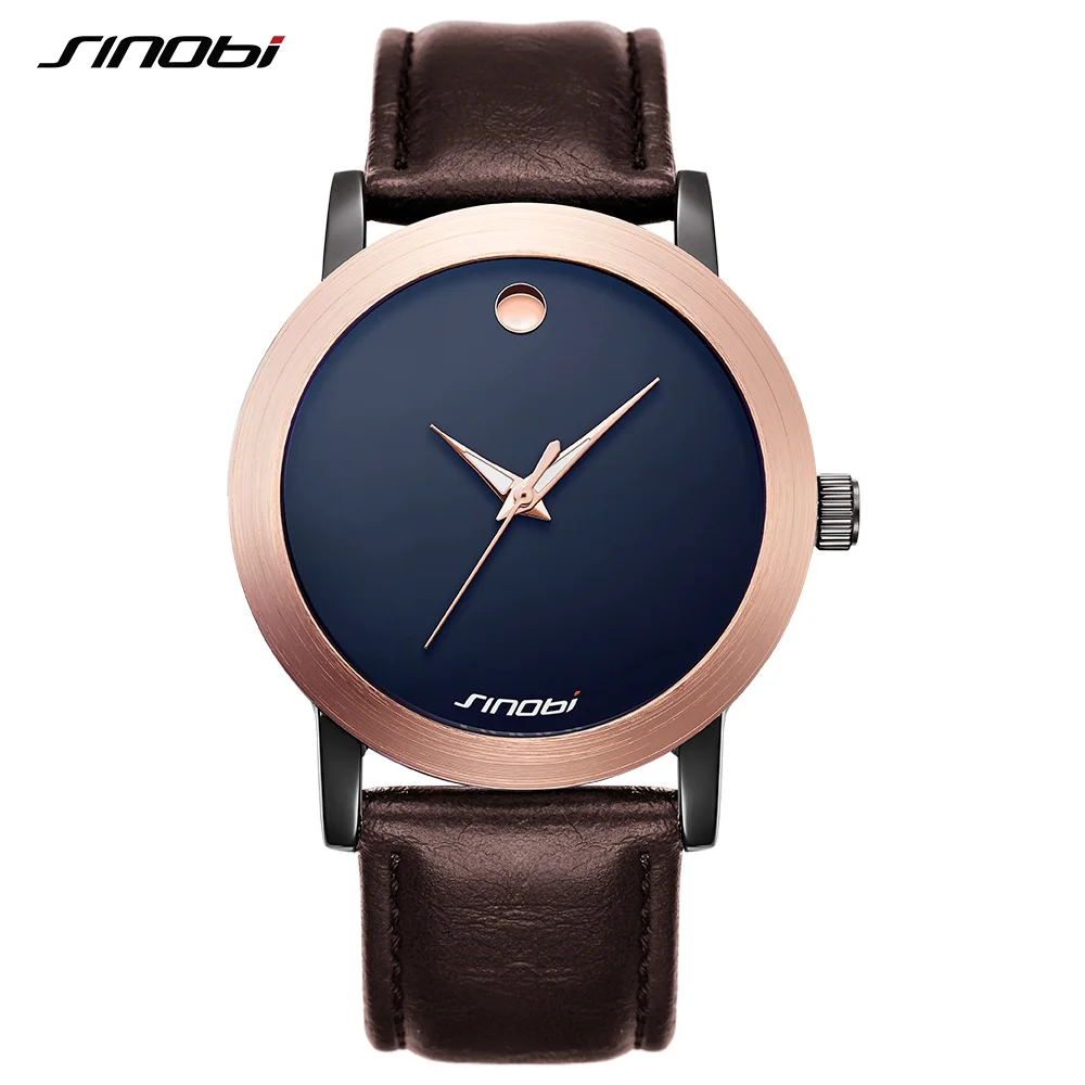 

SINOBI Simple Men Watches Leather Watchband Wrist Watch Man Luxury Business Blue Mirror Surface Male's Clock with Luminous Hands