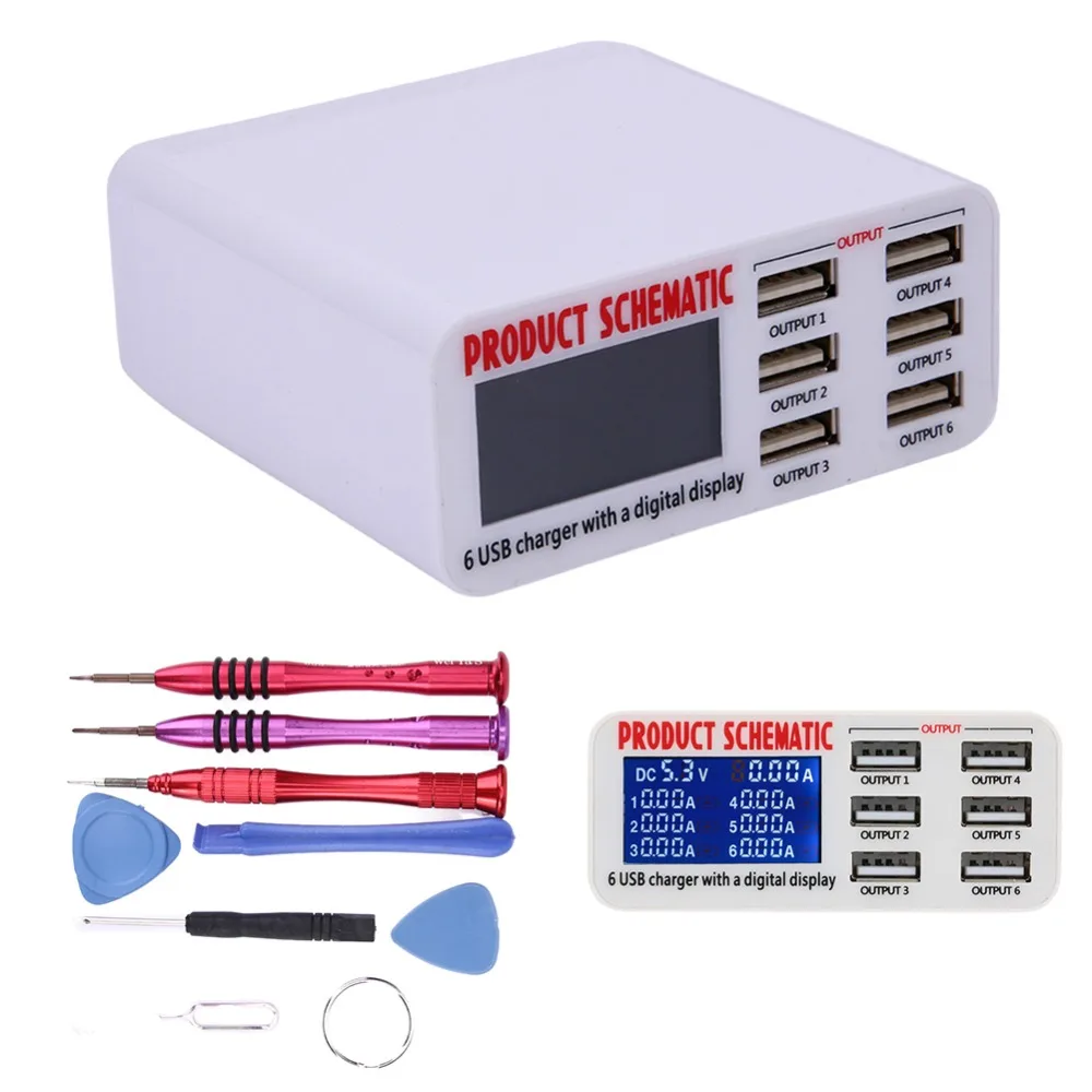 

LCD 6 USB Port Quick Charger for Tablet PC Phone Fast Charge Adapter with 9 Digital Device Repair Tools Kit Set 110-240V US Plug