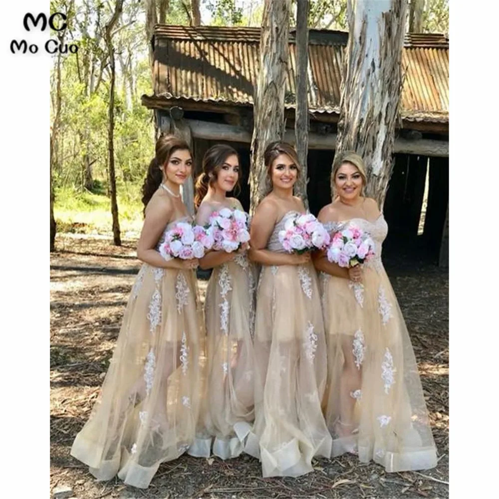 Champagne Lace Appliques Sweetheart Tulle Floor Length Bridesmaid Dresses (1)