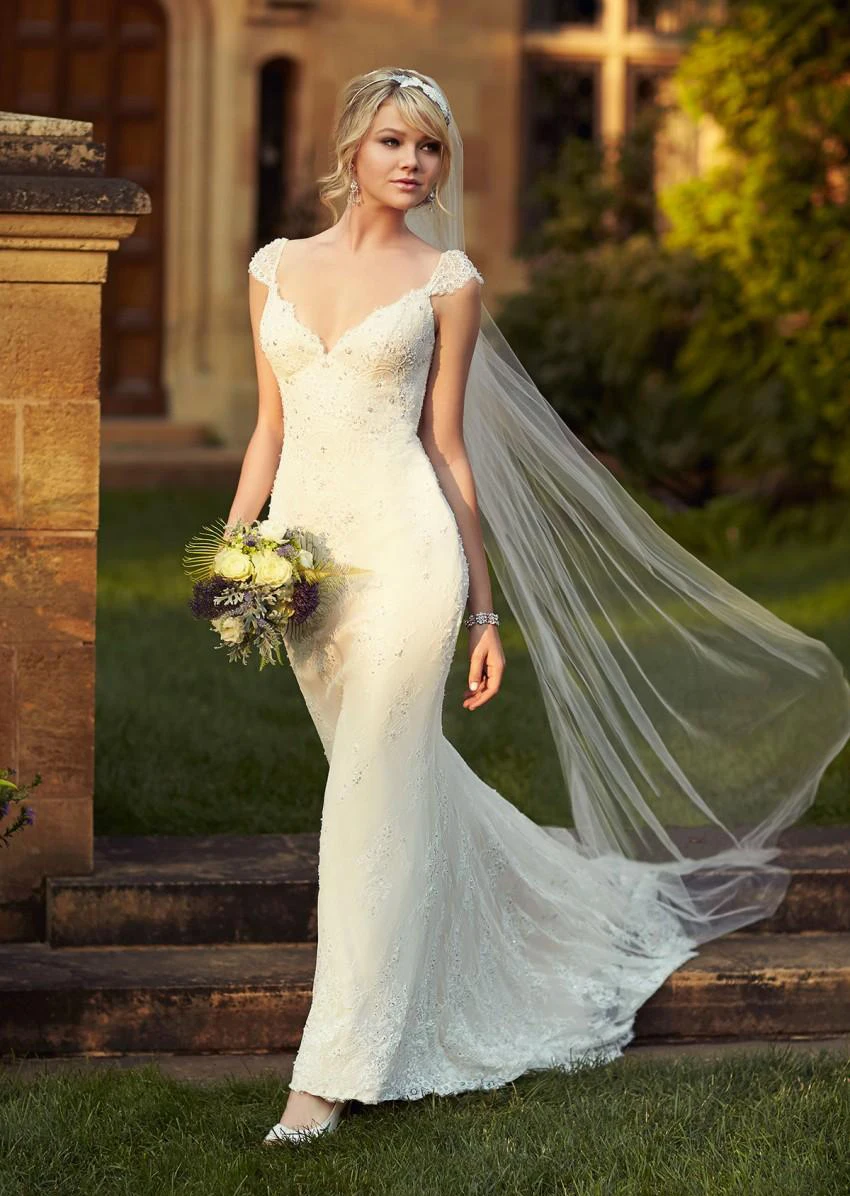2016 New Arrival Sheath Wedding Dresses V Neck Cap Sleeves Floor Length