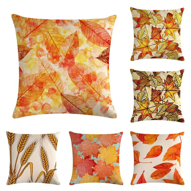 

Stylish Cushion Cover Orange and Green Maple Leaves 45x45Cm Square Tulip Flower Home Living Room Car Decorate Throw Pillow Case