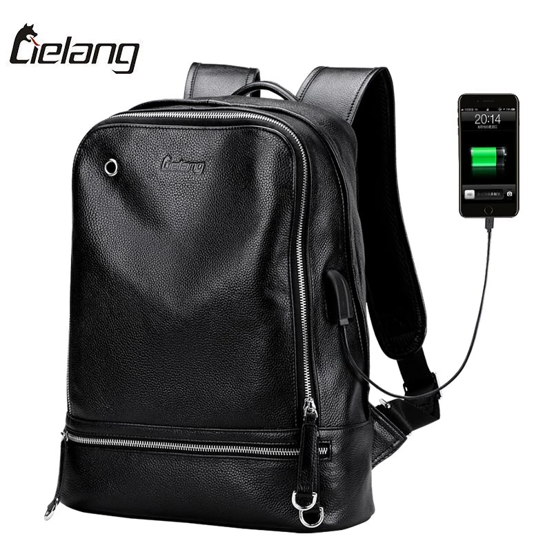 Mens Genuine Leather Backpack For Laptop usb Charger Back Pack High Quality Black Backpack Waterproof Male Leather Rucksack 