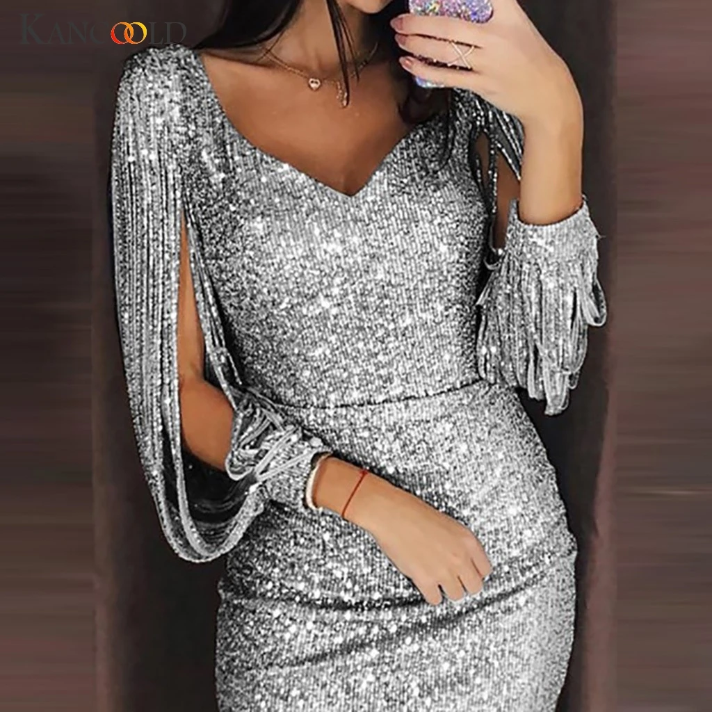 KANCOOLD/женское сексуальное однотонное платье с блестками, блестящее Клубное платье-футляр с длинным рукавом, мини Модное новое платье для женщин 2019JAN24