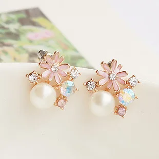 

Korean pink daisy flower simulated pearl clip on earrings pearl for women brincos boucle d'oreille no ear hole