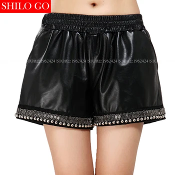 

Autumn winter fashion new women high quality sheepskin High waist elastic waist rivets beading loose black leather shorts