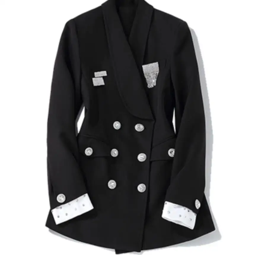 

Rhinestone double-breasted suit blazer female long jacket