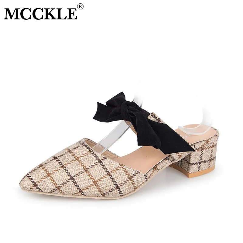 

MCCKLE Women Slippers Plaid Canvas Pumps Spring Pointed Toe Low Heels Slip On Bowtie Female Footwear Casual Heels Shoes Ladies