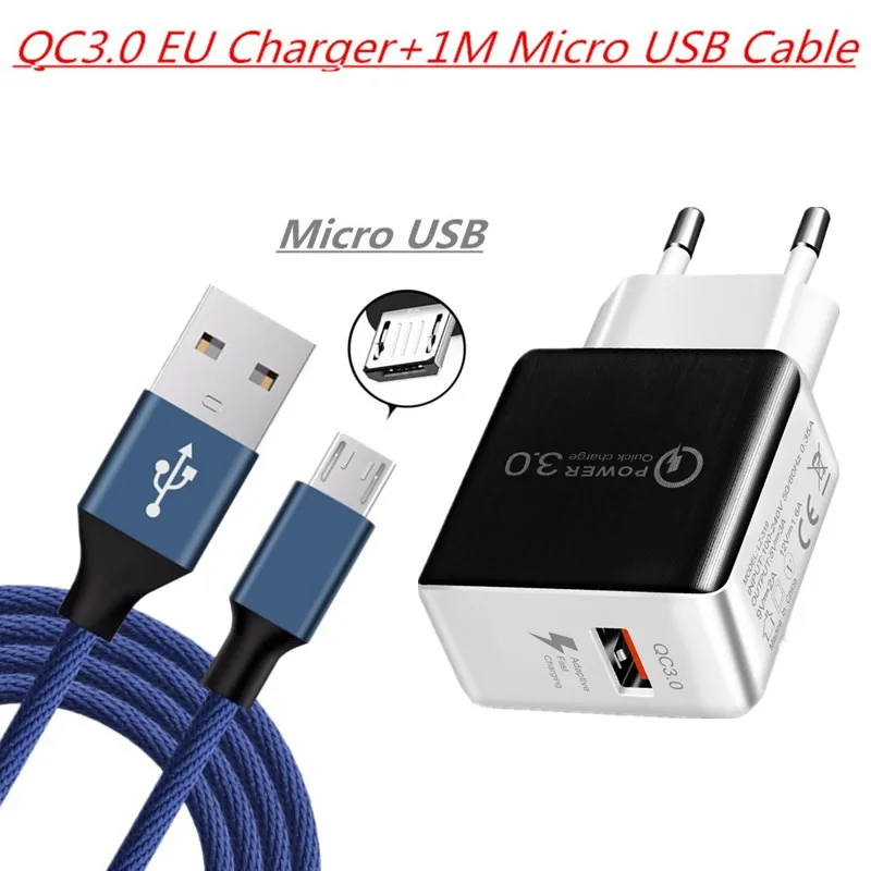 charger and cable Быстрое зарядное устройство QC 3,0, микро USB кабель для Xiaomi, samsung, huawei, honor 8C, 8X P, Smart, sony, microusb, быстрое зарядное устройство QC3.0 - Тип штекера: charger and cable