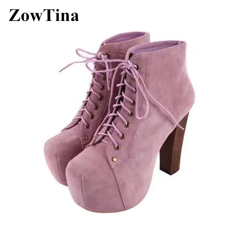

Women Platform Winter Ankle Boots Fashion Suede Chunky 12cm High Heels Botas Mujer Lace Up Gladiator Zapatos Mujer Shoes Woman