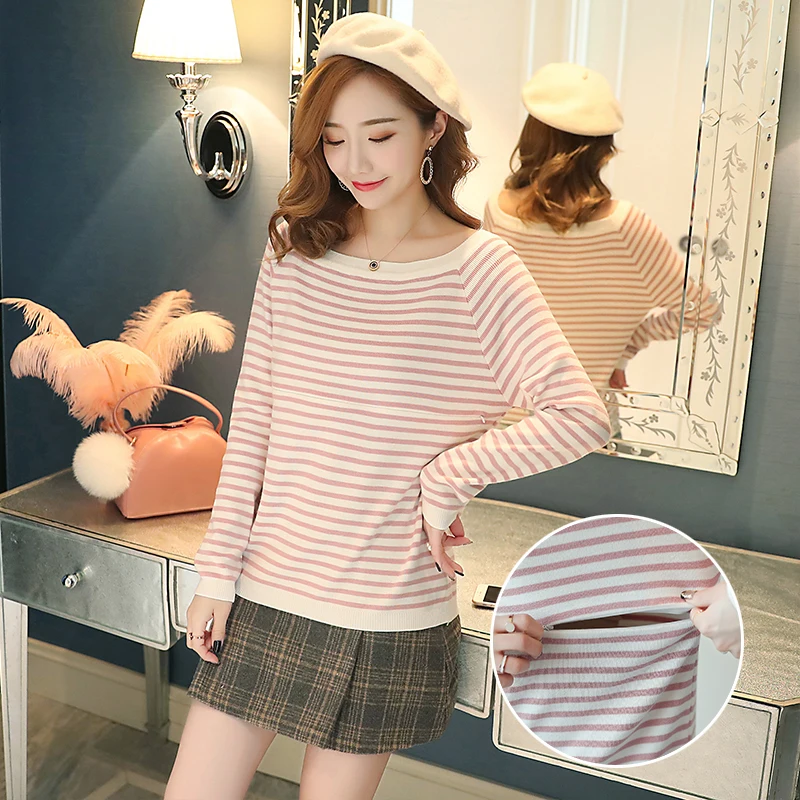 

805# 2019 Autumn Fashion Knitted Maternity Nursing Shirts Sweet Striped Breastfeeding Clothes for Pregnant Women Pregnancy Tops