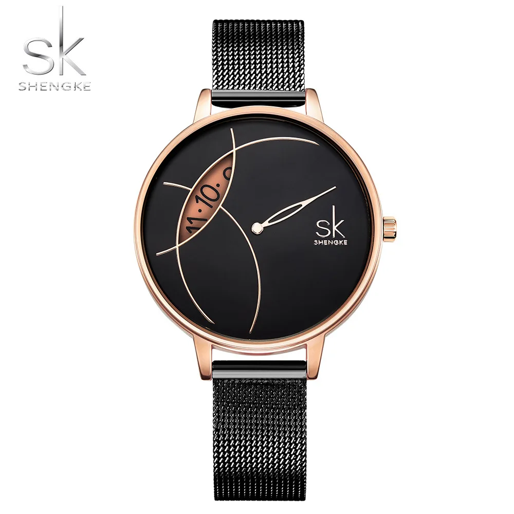 

SK Women Fashion Watch Creative Ladies Watches SHENGKE Stainless Steel Mesh Band Stylish Desgin Silver Quartz Watch for Female