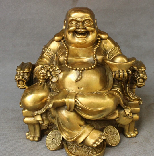 

wan671040+++11"Chinese Pure Brass Dragon Coin YuanBao Bag Happy Laugh Maitreya Buddha Statue