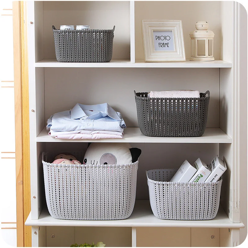 

Plastic Hangmade Rectangular Storage Basket With Handle Rattan Bathroom Storage Bucket for Kitchen Make Up Storage Organizer