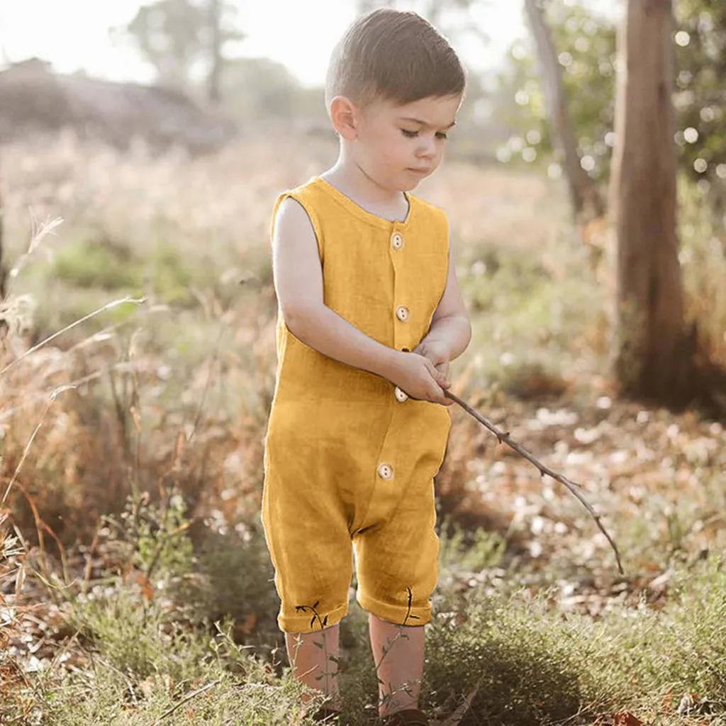 Летний костюм для малышей; для маленьких мальчиков и девочек, хлопковая одежда без рукавов Комбинезоны Детская одежда оборками Прочный Комбинезон Комбинезоны# SS - Цвет: Цвет: желтый