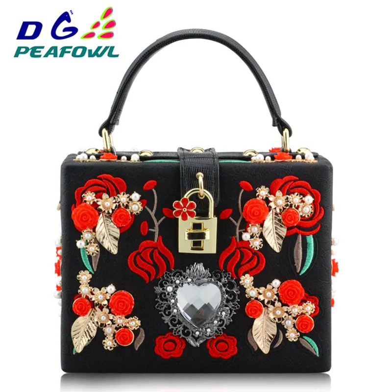 PU Embroidery Red Rose Flower Beaded Fashion Women Shoulder Handbags