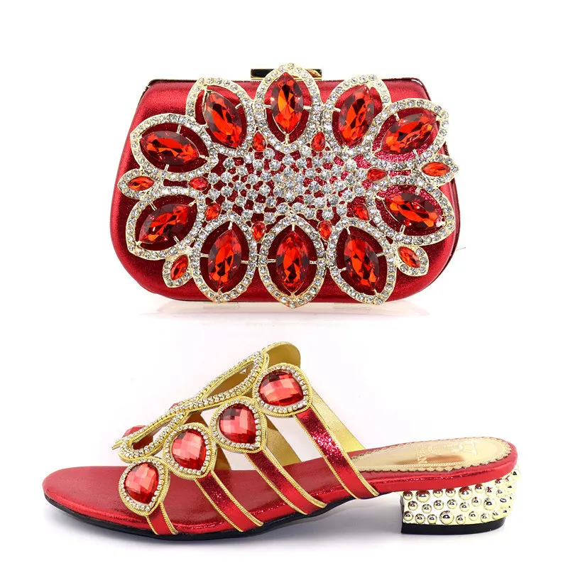 Новинка; модная итальянская обувь и сумка в комплекте с блестящими кристаллами фиолетового цвета; африканский высокий каблук; женские туфли и сумочка в комплекте для выпускного вечера; вечерние туфли - Цвет: 5-Red