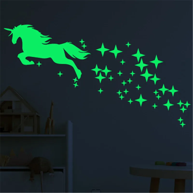 Luminous Unicorn Wall Stickers Glow In The Dark Stars Rainbow Unicorn Wall Decal For Kids Room Baby Bedroom Fluorescent Sticker 