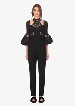

Hot Sale 2019 Jumpsuit Sexy Lace Patchwork Half Women Halter Vintage Lantern Sleeve Night Club Party Bodysuit Elegant Jumpsuit