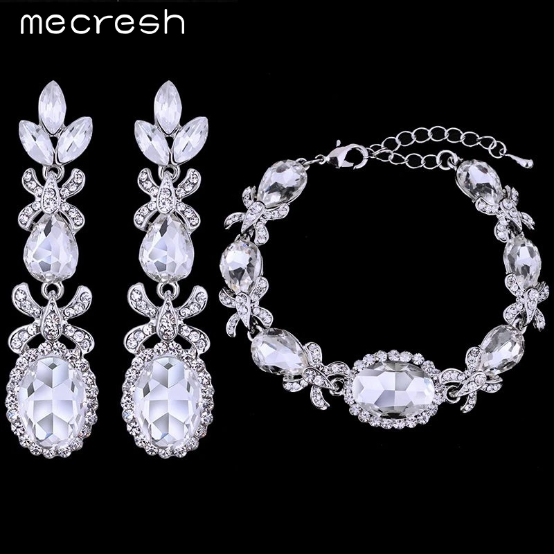 Mecresh Luxurious Spider Shape Crystal Earrings Bracelet Bridal Jewelry Sets Silver Plated Earrings for Women EH201+SL035