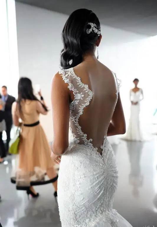 Без спинки Vestido De Noiva мусульманское свадебное платье силуэт "Русалка" из фатина кружева бисером Бохо Дубай арабское свадебное платье невесты