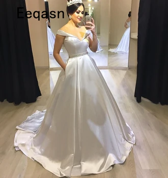 

Elegant Wedding Dress 2020 V Neck Beaded Belt Saudi Arabia White Satin Bridal Wedding Gowns with Pockets robe de princesse