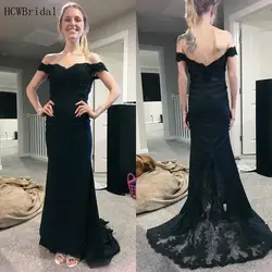 2019 дешевые черные платья для выпускного вечера с открытыми плечами с вырезом лодочкой эластичное атласное кружевное вечернее платье на