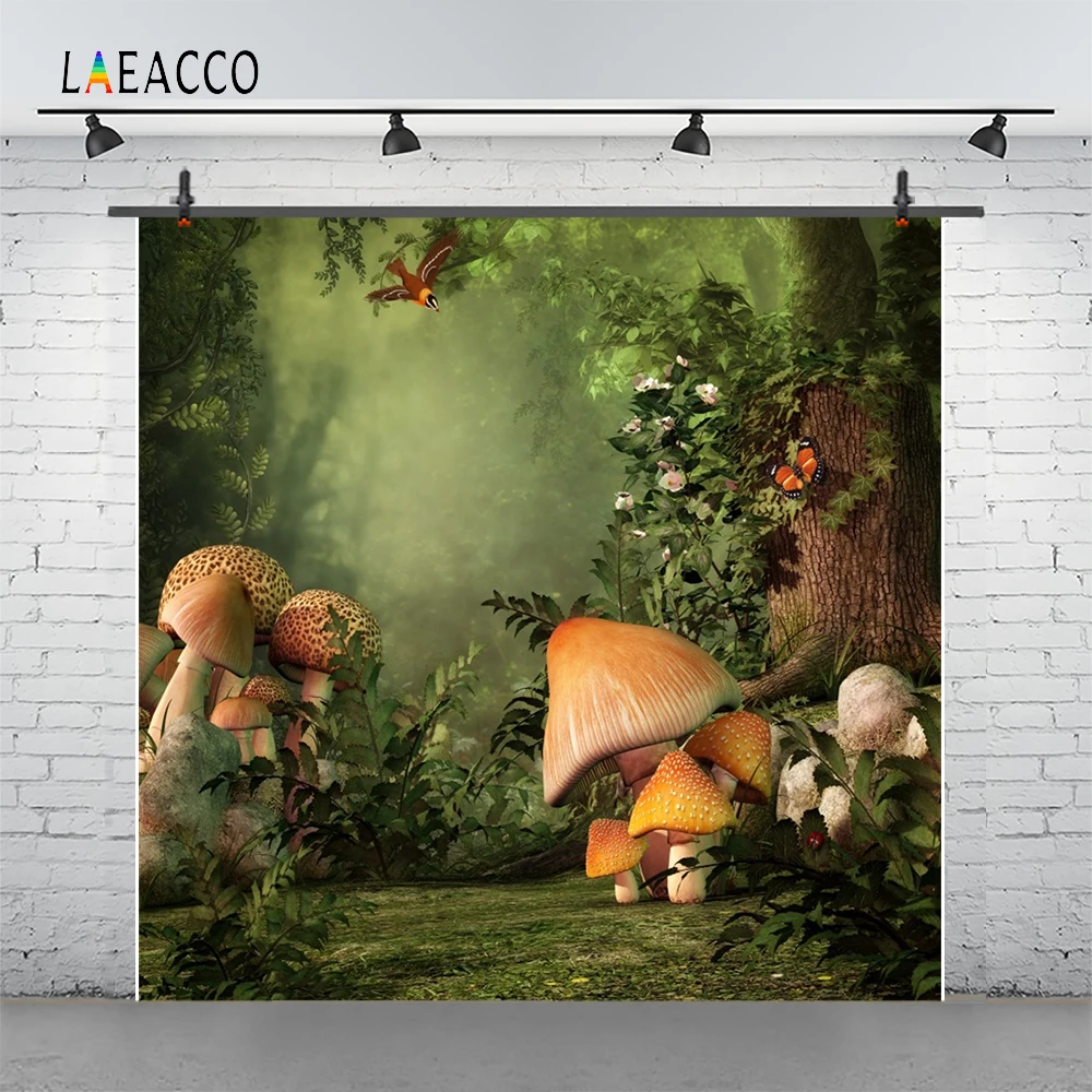 Laeacco Baby Forest Tree Butterfly Mushroom Grassland Photography Backgrounds Customized Photographic Backdrops For Photo Studio