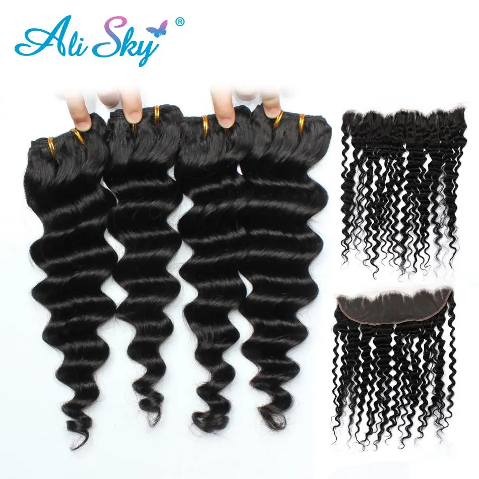 

Alisky Hair Deep Wave Malaysian Hair Lace Frontal Closure With Bundles Human Hair 4 Bundles With 13x4 Frontal Remy Hair Weave