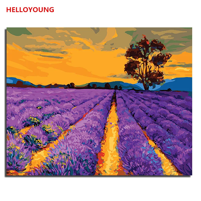 

HELLOYOUNG DIY Handpainted Oil Painting Lavender Garden Digital Painting by numbers oil paintings chinese scroll paintings