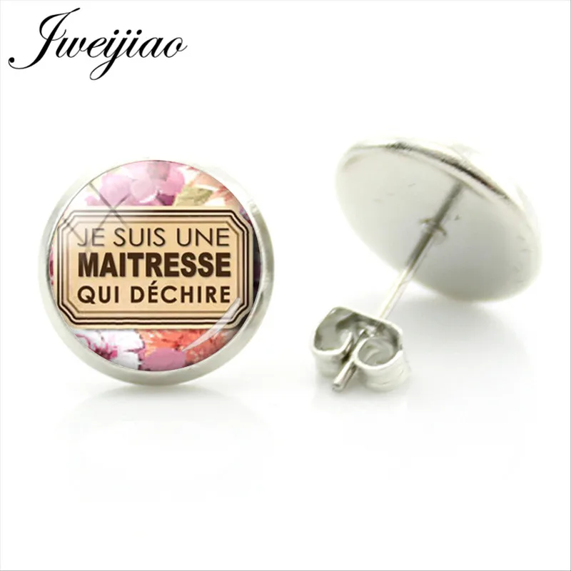 

JWEIJIAO Fashion French' JE SUIS UNE MAITRESSE QUI DECHIRE" Stud Earrings Merci Maitresse Earrings For Woman Girls JE01