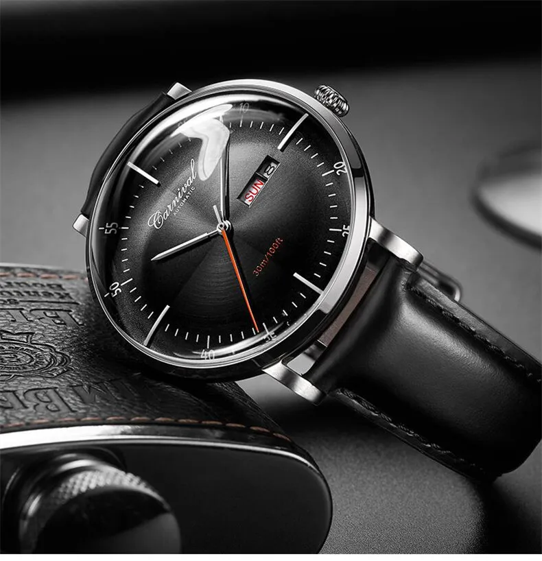 Швейцария Carnival часы Мужские автоматические механические кожаный ремешок 30 м водонепроницаемые спортивные часы модные дизайнерские мужские наручные часы