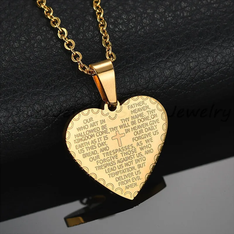 Gold color Искра из нержавеющей стали, Библейский крест, сердце, кулон, ожерелье, Религиозные ювелирные изделия, Христианская молитва, Писание, цепочка, ожерелье для женщин - Окраска металла: Gold color