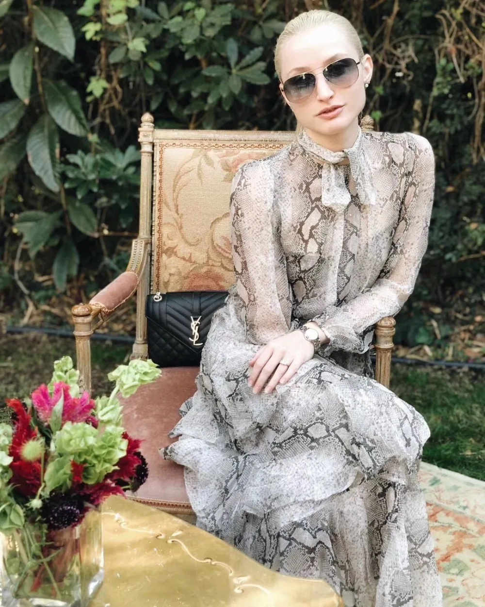 

Women Long Sleeves Python Print Tiered Silk Dress